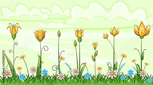 Blooming meadow with grass and flowers. Sky. Scenery. Cartoon just style. Romantic fabulous illustration. Beautiful natural view. Wild plant nature. Rural scene. Vector