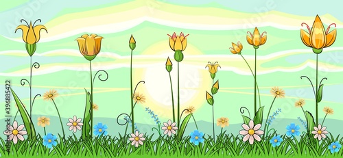 Blooming meadow with grass and flowers. Sky. The sun is on the horizon. Scenery. Cartoon style. Romantic fabulous illustration. Beautiful natural view. Wild plant nature. Rural scene. Vector