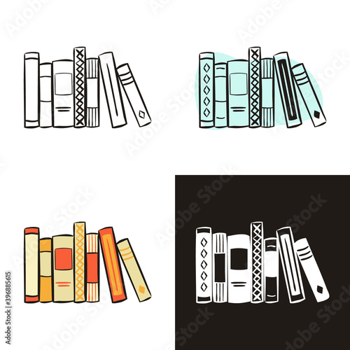 Stack of books icons set isolated on white background. Hand-drawn contour icon in doodle style, flat and chalk on a blackboard. Vector bookshelf for literature, reading, knowledge, education
