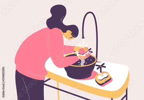 OCD woman cleaning hands. Obsessive compulsive disorder about clean and ritual to defeat panic and fear. Vector concept illustration about mental health