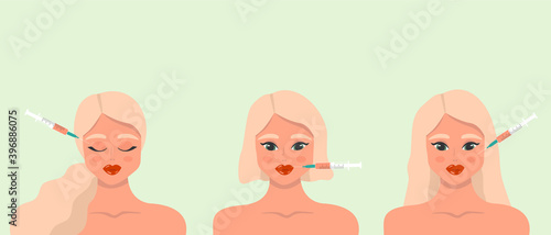 Beauty injection. Lip fillers, hyaluronic acid. Collection of girls in beauty industry. Before and after cosmetic procedure and injection concept. Vector illustration.