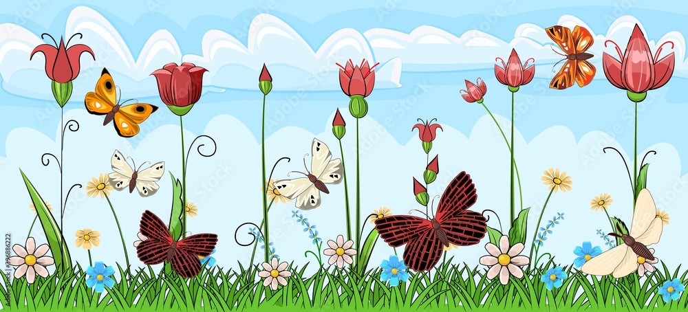 Blooming meadow with grass and flowers. Landscape with the sky. Cartoon style. Fabulous illustration. Background picture. Beautiful natural view. Wild plant nature. Rural scene. Vector