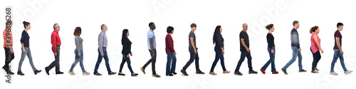 large group of people wearing blue jeans walking on white background