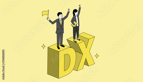 DXの文字の上に立つビジネスパーソン、3Dイラスト、ベクターイラストレーション