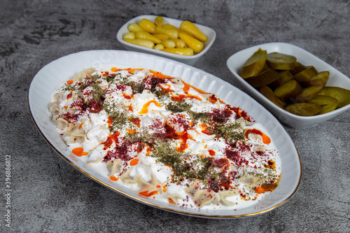 Turkish Ravioli view includes copy space with garnitures photo