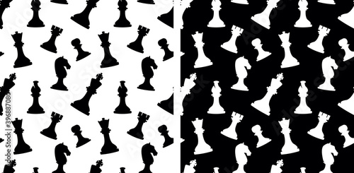 Seamless vector pattern with black chess on a white background and white chess on a black background. A repeating ornament with simple chess silhouettes.