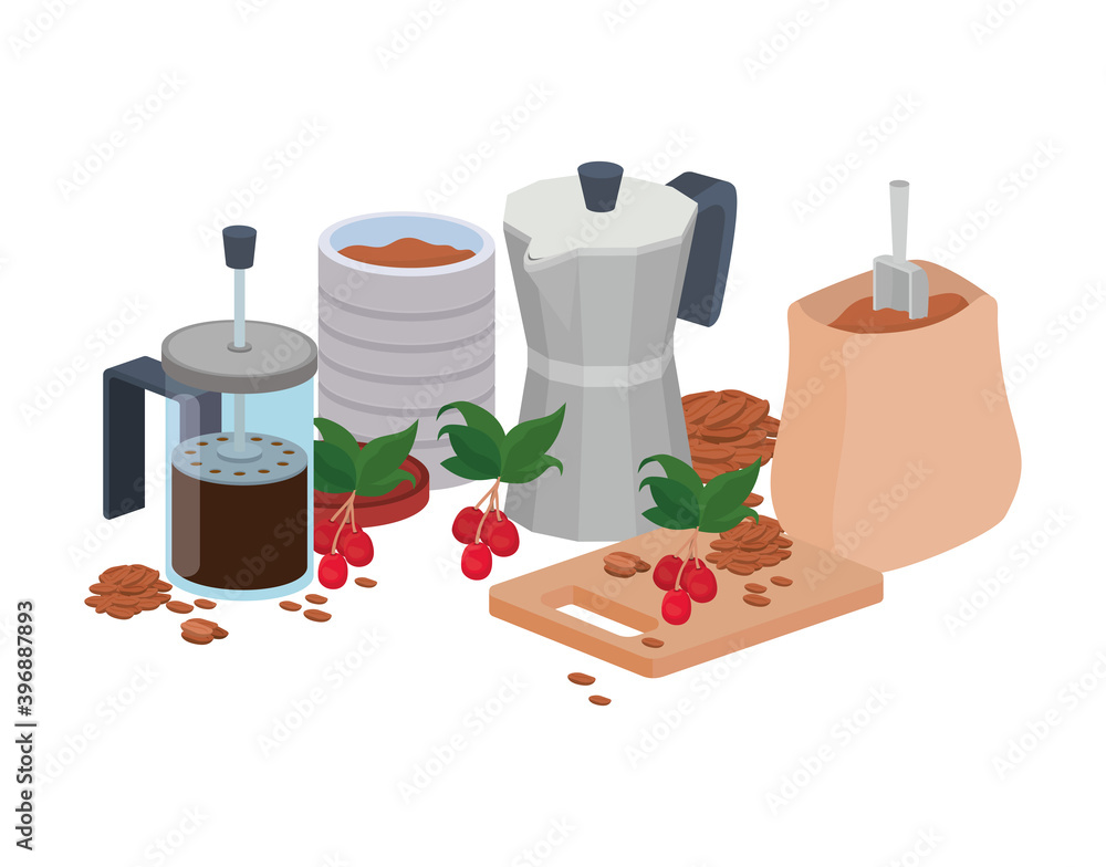 sets of items for cooking and drinking coffee over white background sets of items for cooking and drinking coffee over white background