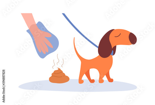 Cute cartoon sign or table, banner colorful vector illustration. Hand is  picking up dog poop using plastic bag.