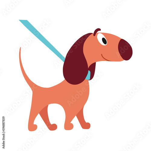 Cute vector illustration in flat style. Table or sign, banner character dog on a leash.