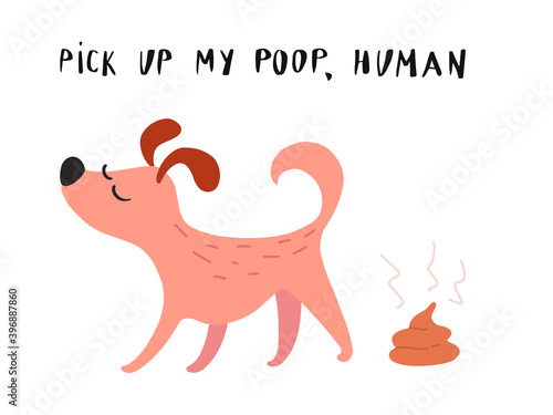 Cute cartoon sign or table, banner colorful vector illustration. Pick up dog poop, human.