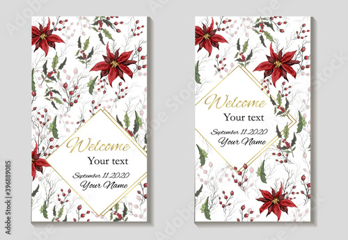 hand-drawn greeting card, an invitation made of flowers isolated. realistic Botanical bouquets, yellow frame of winter flowers (poinsettia,  mistletoe, Holly). for postcards, holidays. vintage style
