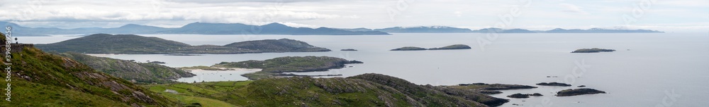 Amazing panoramic view  of Scarriff Island from Com an Chiste Pass, Ring of Kerry, Iveragh Peninsula, County Kerry, Ireland, Europe. Part of Wild Atlantic Way