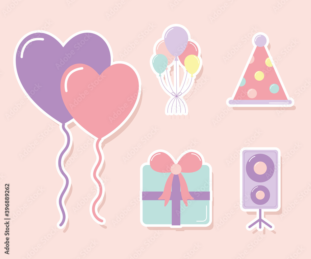 set of party icons on ligth pink background set of party icons on ligth pink background