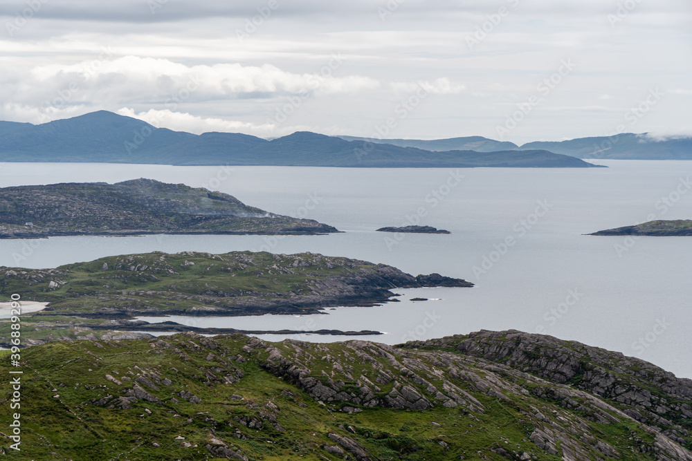Amazing panoramic view  of Scarriff Island from Com an Chiste Pass, Ring of Kerry, Iveragh Peninsula, County Kerry, Ireland, Europe. Part of North Atlantic Way