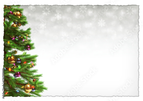 Decorated christmas tree on white bokeh background. 3D illustration