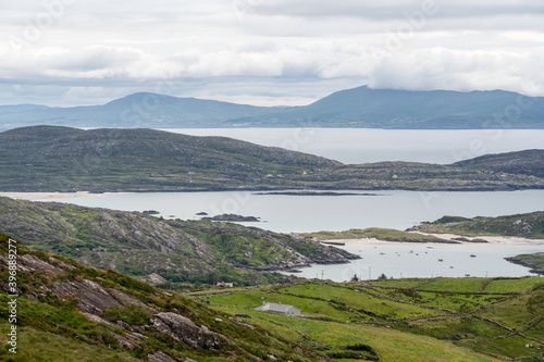 Amazing panoramic view of Scarriff Island from Com an Chiste Pass, Ring of Kerry, Iveragh Peninsula, County Kerry, Ireland, Europe. Part of North Atlantic Way