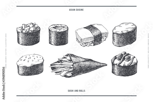 Big set of hand-drawn sushi and rolls on isolated background. Sushi with colmar, baked sauce, vegetables, temaki. Retro picture for menu of sushi bars, restaurants. Illustration in an engraving style.