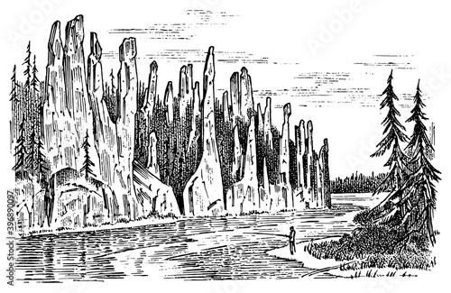 Landscape with fisherman river and mountains in vintage retro style. Vector illustration. Hand drawn engraved retro sketch. Antique old monochrome style.