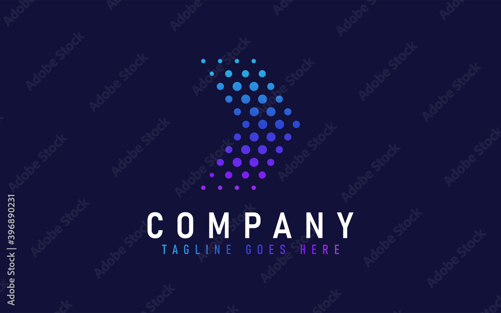 Obraz premium Modern Arrow Logo. Abstract Arrow Formed From Purple Gradient Dots Element, Isolated on Dark Background. Flat Vector Logo Design Graphic Template.