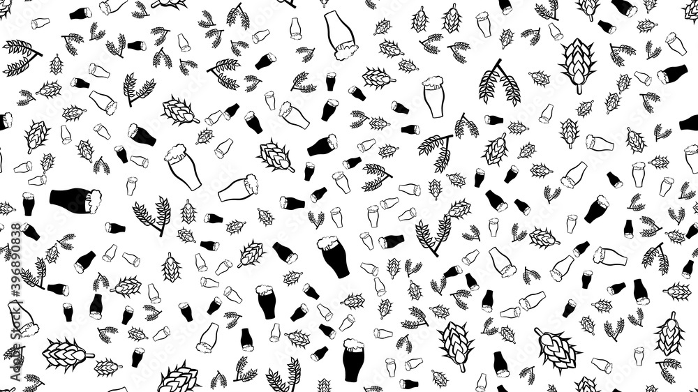 Texture seamless pattern of multi-colored glasses of mugs with foam beer light dark lager and stout with branches of hop and malt plants. The background.  illustration