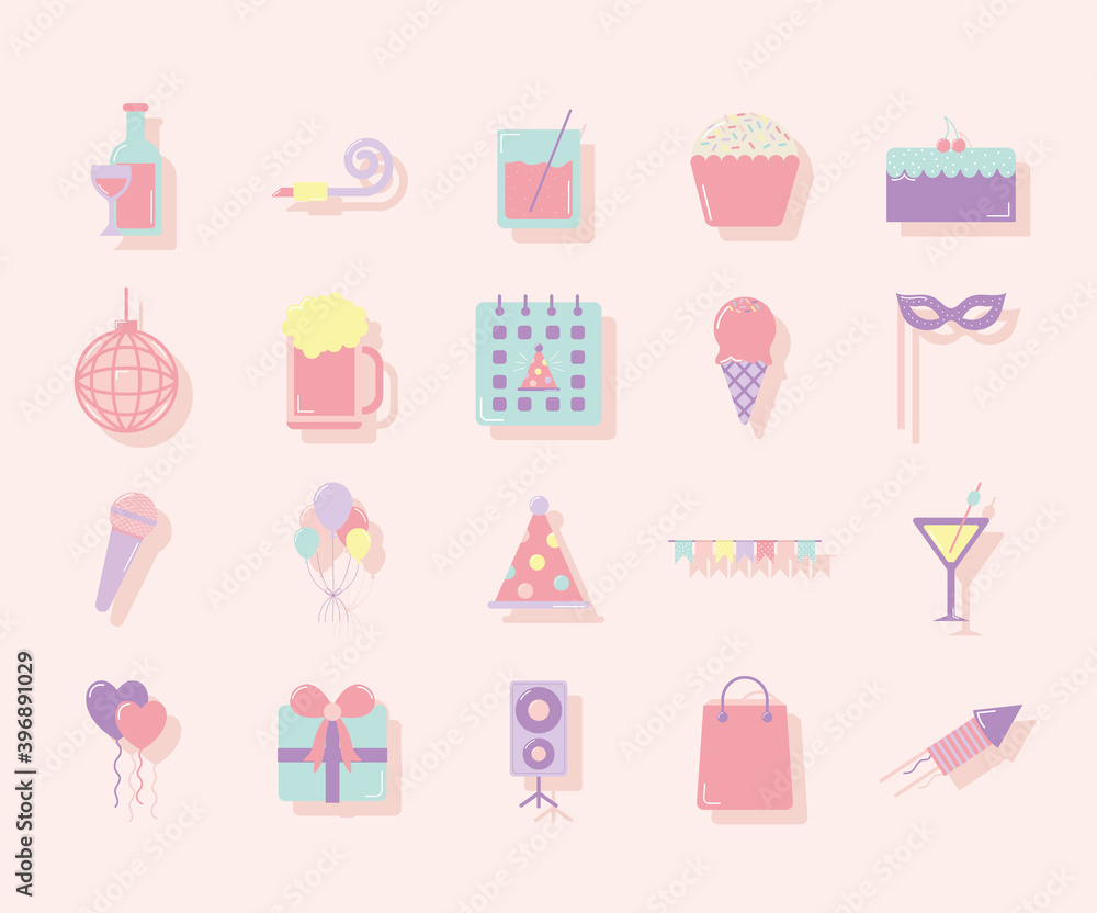 set of party icons on pastel color background set of party icons on pastel color background