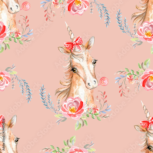 Seamless watercolor pattern cute unicorn pale pink