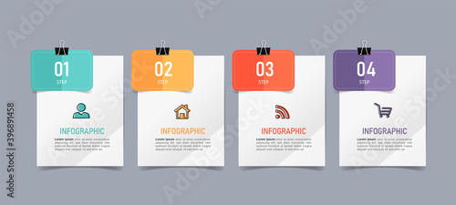 Text box design with note papers. Infographic presentation 4 steps. 