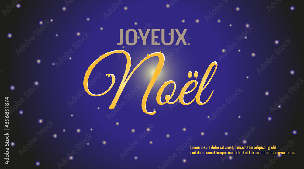 Joyeux Noel, Merry Christmas in French against fabulous starry sky. Vector illustration for design of postcards, stories, banners, sales.