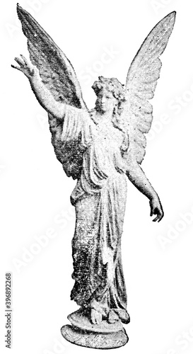 Bronze statuette in the shape of a female angel. Illustration of the 19th century. Germany. White background.