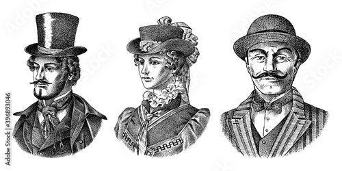 Victorian and woman gentleman with hat and mustache. Belgian Man and lady in vintage retro style. Vector illustration. Antique old monochrome character. Hand drawn engraved retro sketch.