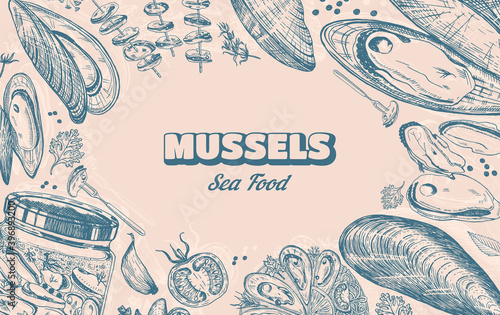 Sea mussels. Poster or banner in vintage retro style. Nautical molluscs. Ocean food background. Vector illustration. Hand drawn engraved retro sketch. Antique old monochrome style.