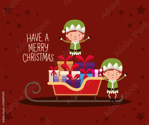 have a merry christamas lettering with gift boxes and a red bow on a sleigh