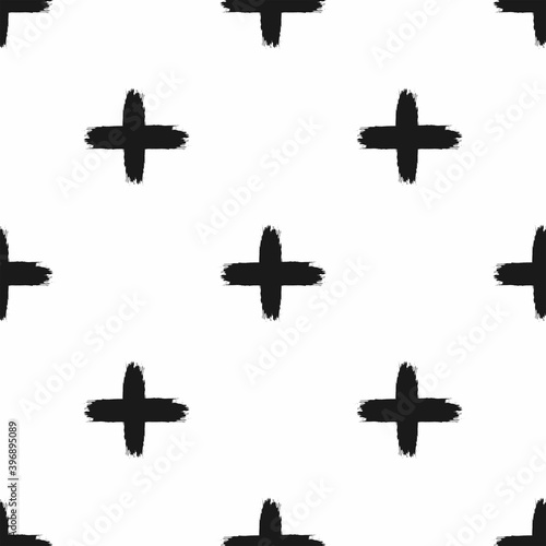 Repeated crosses drawn with a rough brush. Seamless pattern with black pluses on a white background. Paint, ink, watercolor. Simple vector illustration.