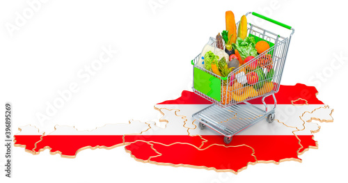 Purchasing power in Austria concept. Shopping cart with Austrian map, 3D rendering