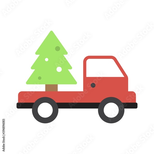 Truck with a christmas tree. Merry Christmas concept. Flat icon design.