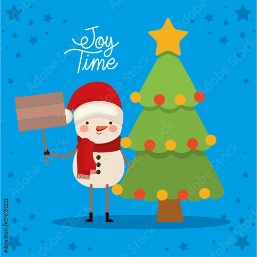 snowman with one tree and joy times lettering