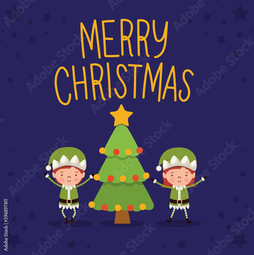 merry christmas lettering with two elfs and one tree