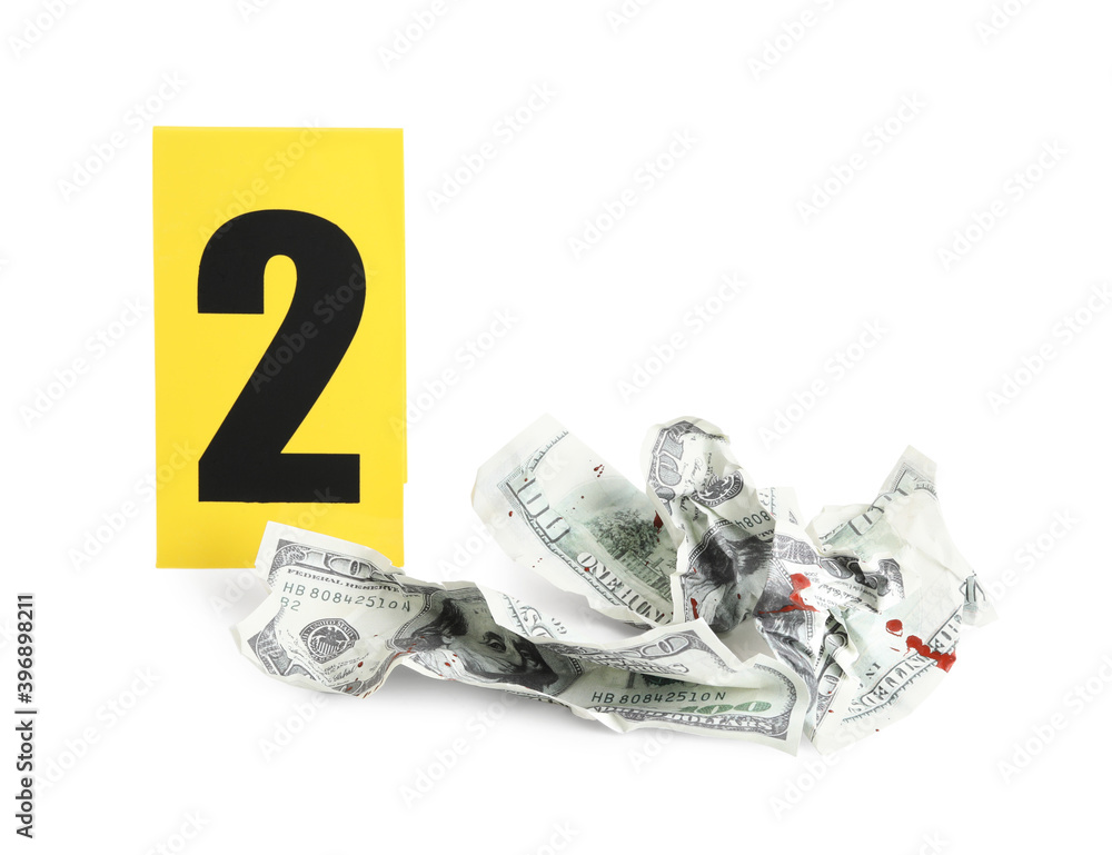 Bloody crumpled dollars and crime scene marker with number two isolated ...