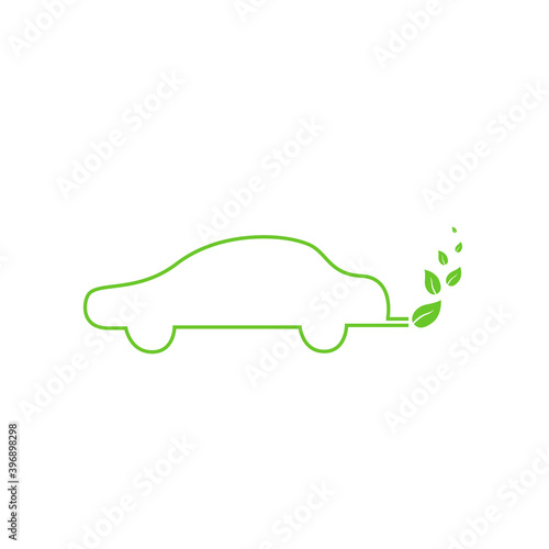Thin line flat color electric car with leafs isolated. Renewable eco technologies