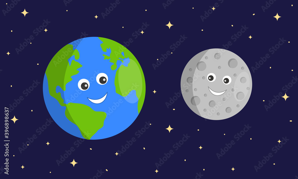 Cute Earth and Moon characters on dark sace starry background. Astronomy for kids. Vector cartoon illustration. Cute Earth and Moon characters on dark sace starry background. Astronomy for kids. Vector cartoon illustration.
