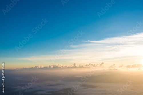 Mountain sunrise visible silhouettes through the morning