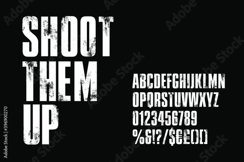 Distressed condensed bold alphabet for post-apocalyptic titles. Vector typography illustration on black background photo