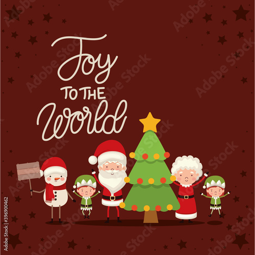 set of christmas characters and joy the world lettering on red background