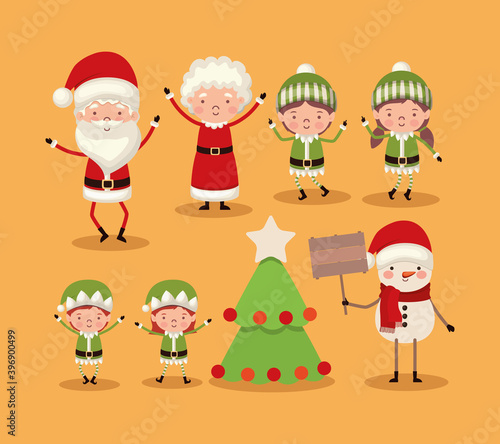 set of christmas characters on orange background
