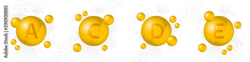 Vitamin A, C, D, E vector icon. Golden bubble on hexagon background. Healthcare illustration
