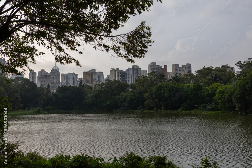 Imagem de lago dentro da metrópole de São Paulo com prédios ao fundo