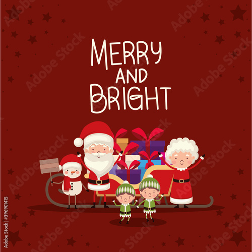 bundle of christmas characters and merry and bright lettering on red background
