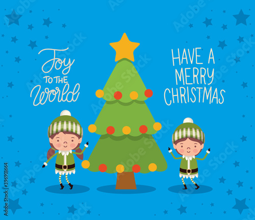 joy the word, have a merry christmas lettering with two elfs and one tree