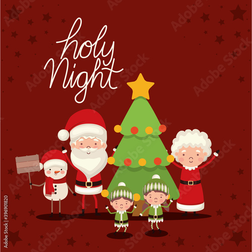 set of christmas characters and holy night lettering on red background