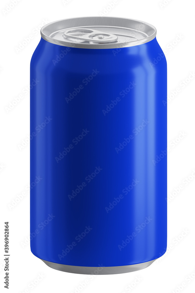 Blue full metal aluminum 330ml beverage can isolated on white background. 3D rendering. Blue full metal aluminum 330ml beverage can isolated on white background. 3D rendering.